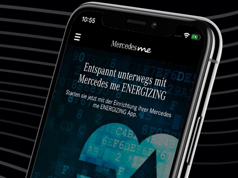 ENERGIZING App | Apps | Mercedes me Mercedes me ENERGIZING App open on a smartphone with the first steps for set-up on display.
