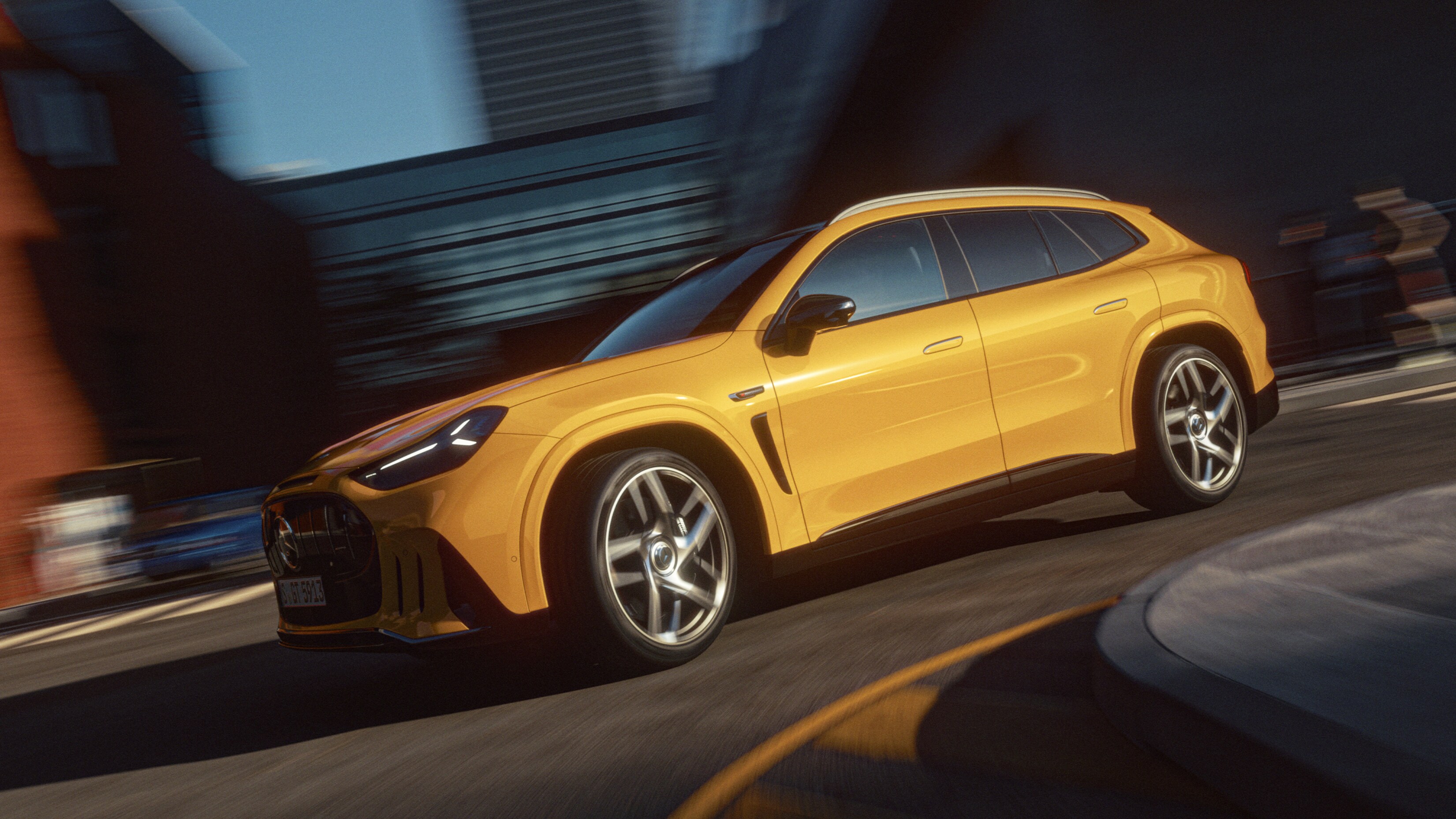 Side view of the all-new Mercedes-AMG GT SUV in an urban street setting.